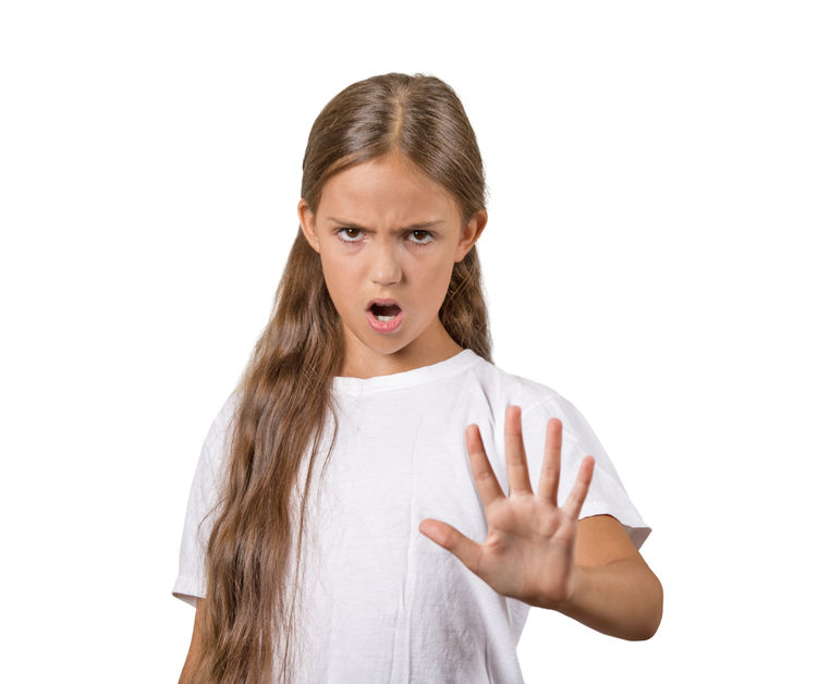 32258597 - closeup portrait furious mad angry annoyed displeased teenager girl raising hand up to say no, stop right there, isolated white background. negative human emotion facial expression sign symbol